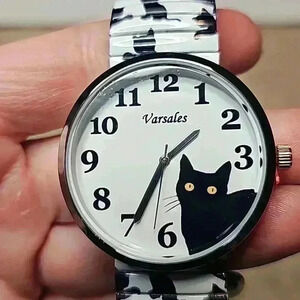 Varsales Large Face Black and White Stainless Steel Black Cat Watch